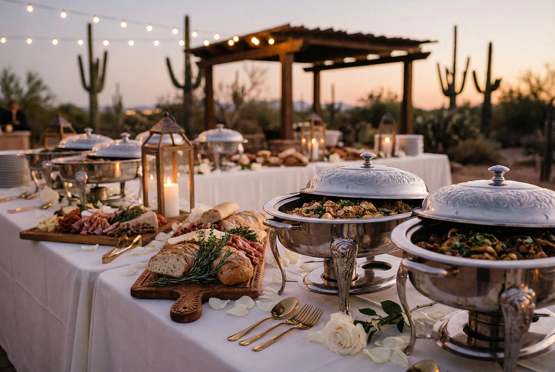 Elegant wedding catering buffet spread at an Arizona outdoor reception — The Local Wedding Mesa AZ