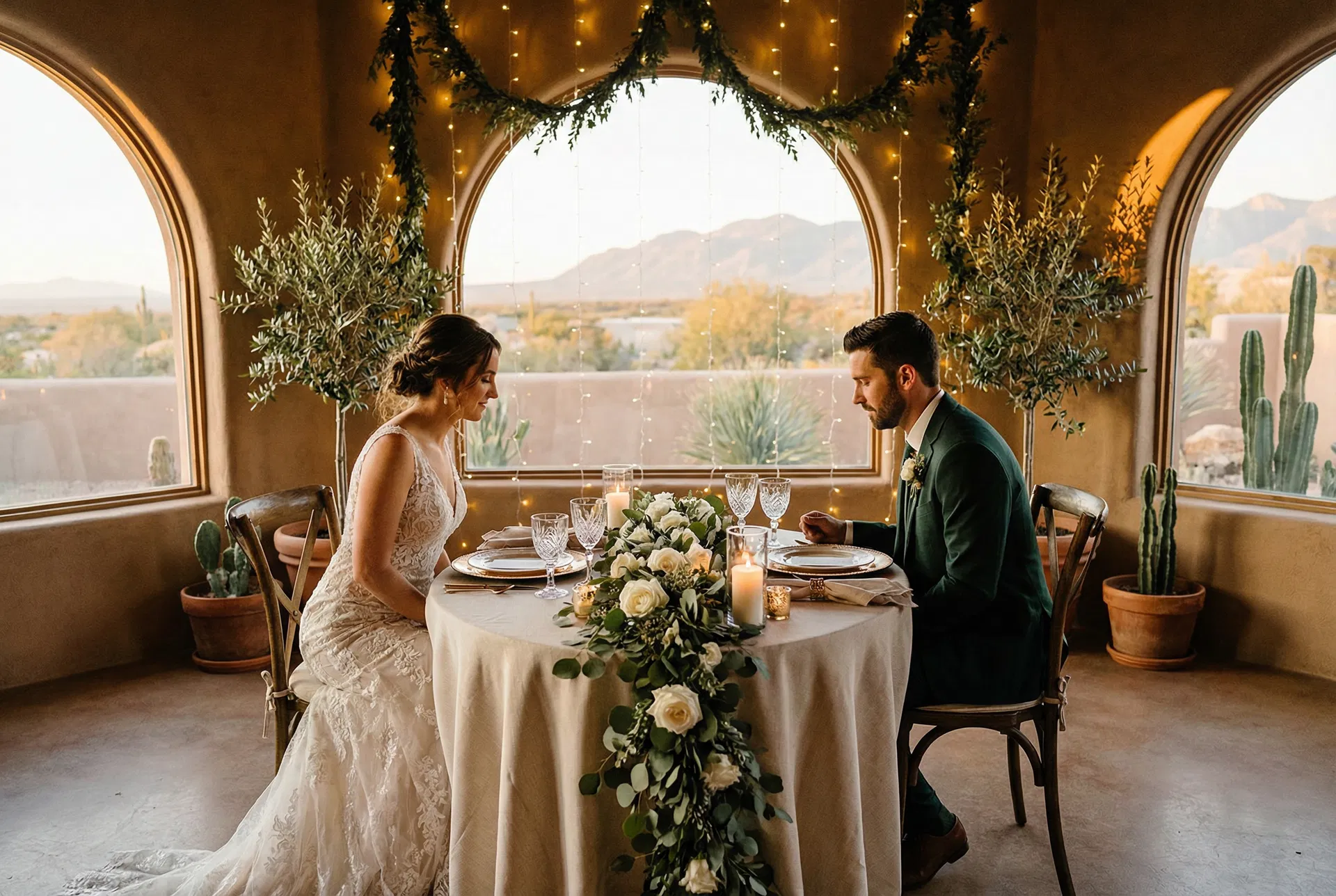 Bride and groom at sweetheart table with full-service wedding catering by The Local Wedding, Scottsdale AZ