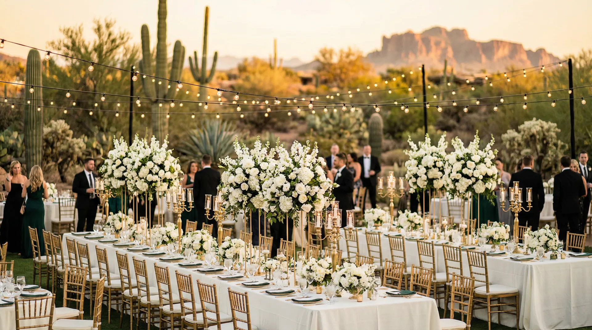 Elegant outdoor wedding reception catering in Arizona desert at golden hour — The Local Wedding Mesa AZ