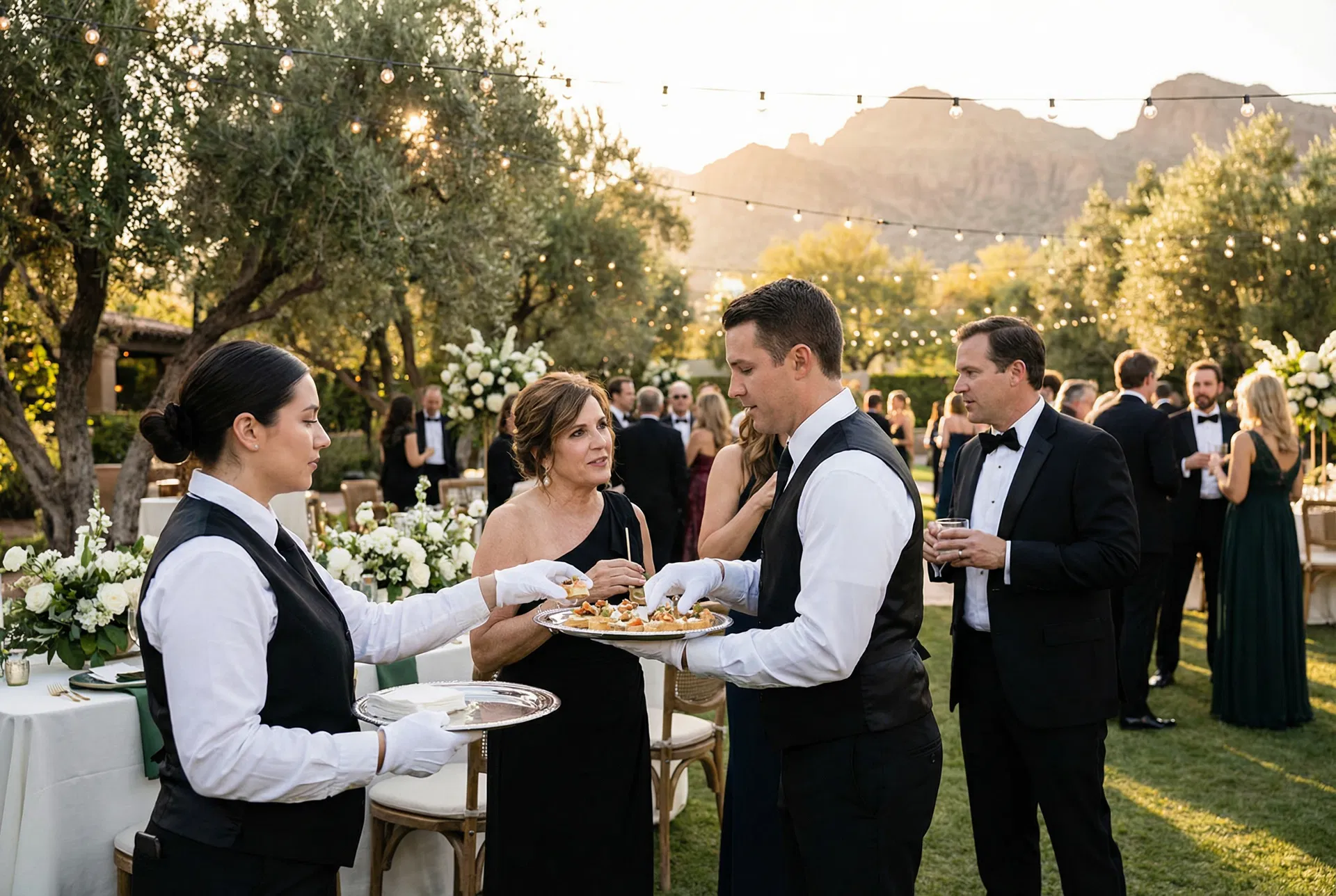Professional wedding catering staff serving guests at Arizona outdoor reception — The Local Wedding Phoenix AZ